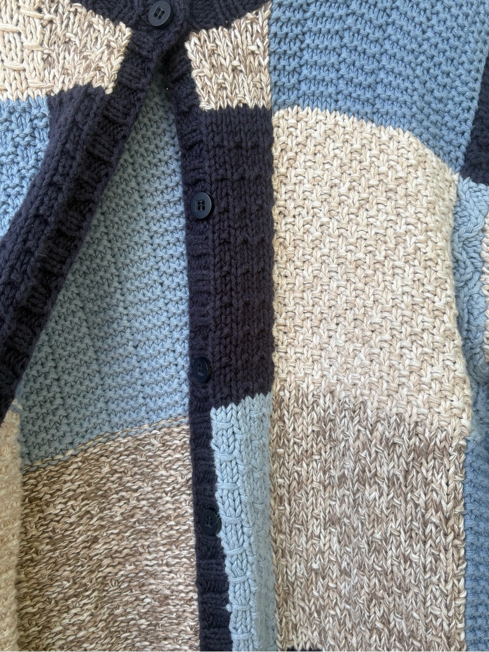 Vintage Chunky Patchwork Knit Colorblock Cardigan Sweater Blue Beige Boho - Picture 5 of 9